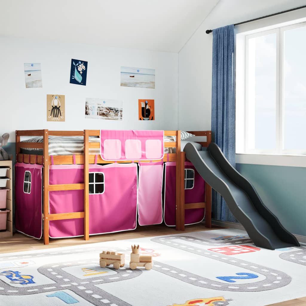 Letto A Soppalco Con Tende Bambini Rosa 90x200 Cm Massello Pino