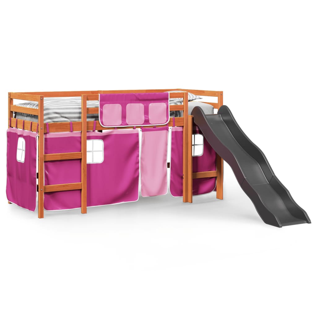 Letto A Soppalco Con Tende Bambini Rosa 90x200 Cm Massello Pino - Image 3