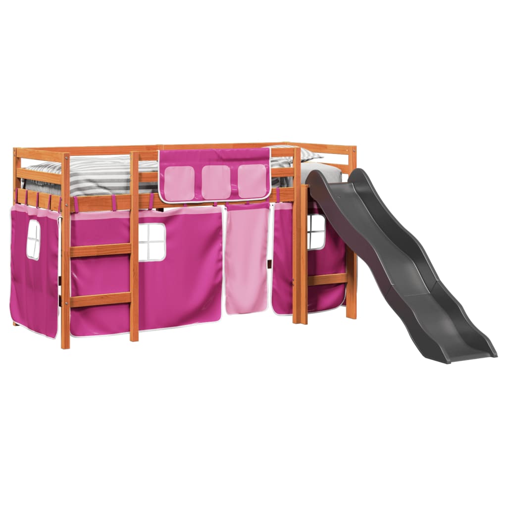 Letto A Soppalco Con Tende Bambini Rosa 90x200 Cm Massello Pino - Image 4