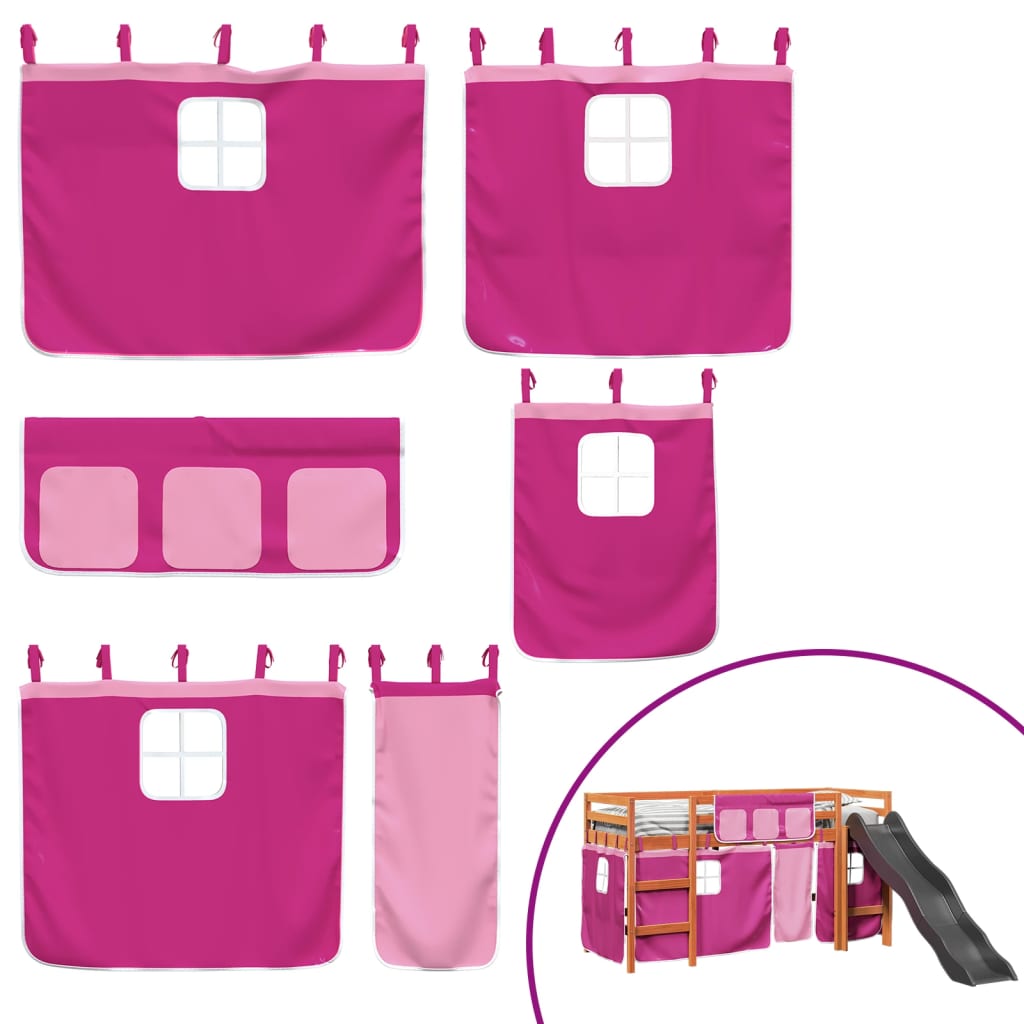 Letto A Soppalco Con Tende Bambini Rosa 90x200 Cm Massello Pino - Image 5