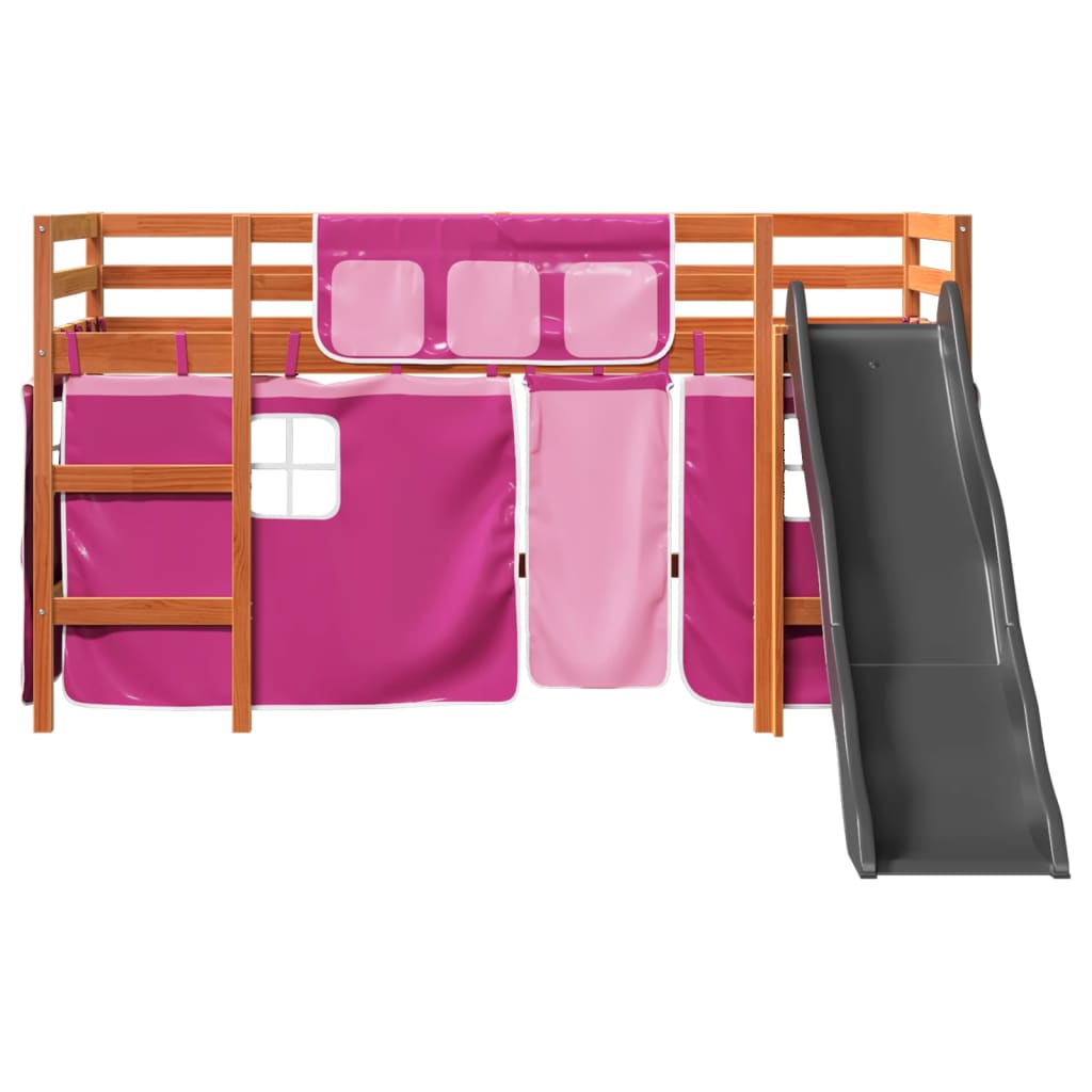 Letto A Soppalco Con Tende Bambini Rosa 90x200 Cm Massello Pino - Image 6