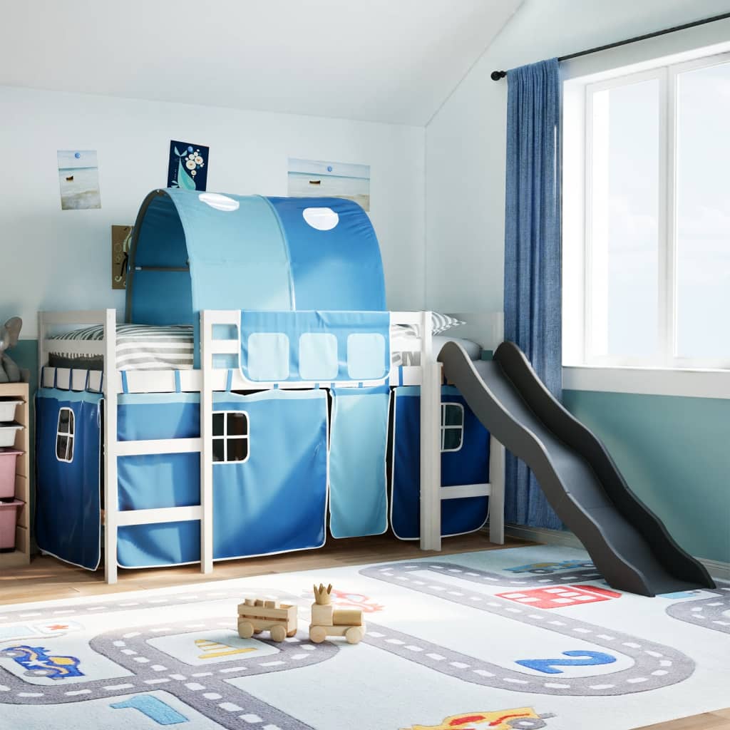 Letto A Soppalco Con Tunnel Bambini Blu 80x200cm Massello Pino