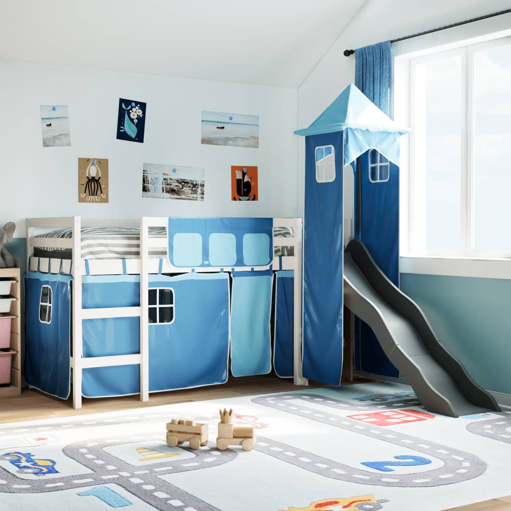 Letto A Soppalco Con Torre Bambini Blu 80x200cm Massello Pino
