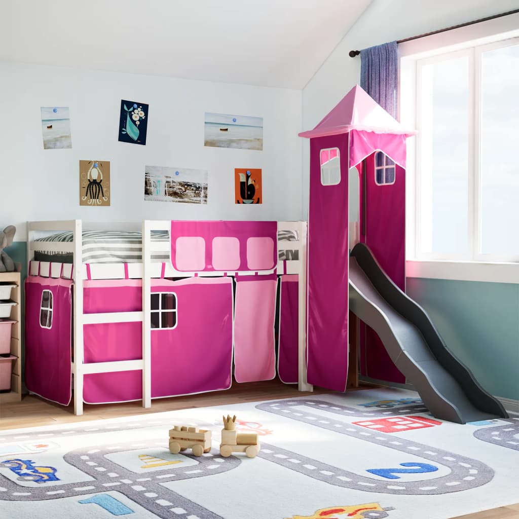 Letto A Soppalco Con Torre Bambini Rosa 90x200cm Massello Pino