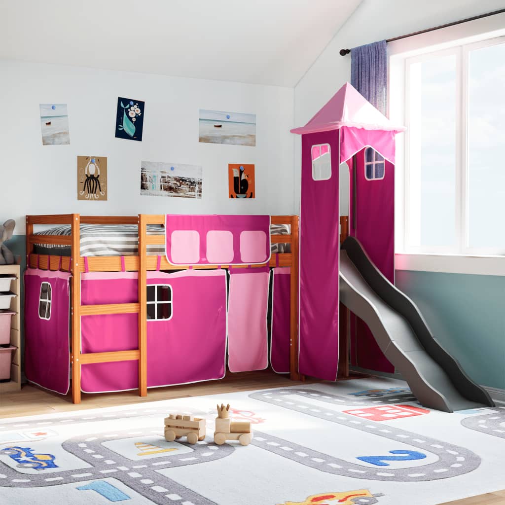 Letto A Soppalco Con Torre Bambini Rosa 90x190cm Massello Pino