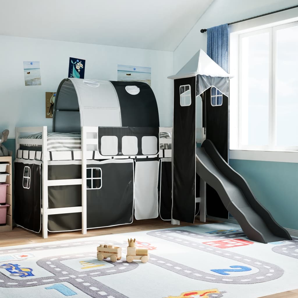 Letto A Soppalco Con Torre Bambini Bianco E Nero 80x200cm Pino