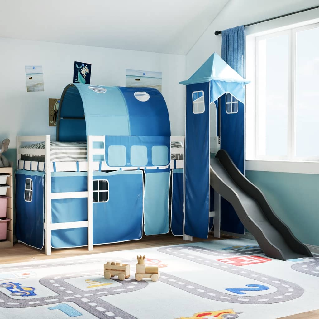 Letto A Soppalco Con Torre Bambini Blu 80x200cm Massello Pino