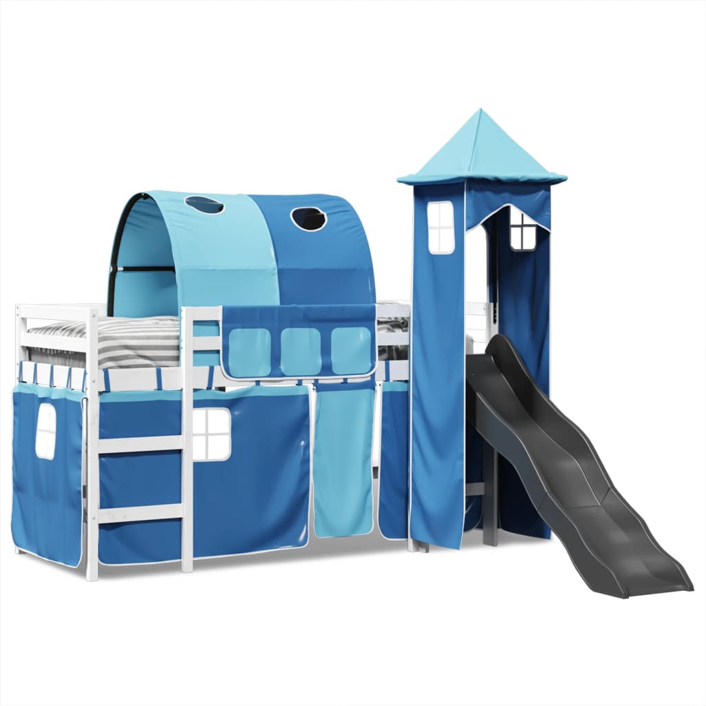 Letto A Soppalco Con Torre Bambini Blu 90x200cm Massello Pino - Image 3