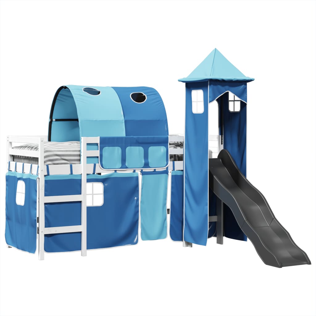 Letto A Soppalco Con Torre Bambini Blu 90x200cm Massello Pino - Image 4