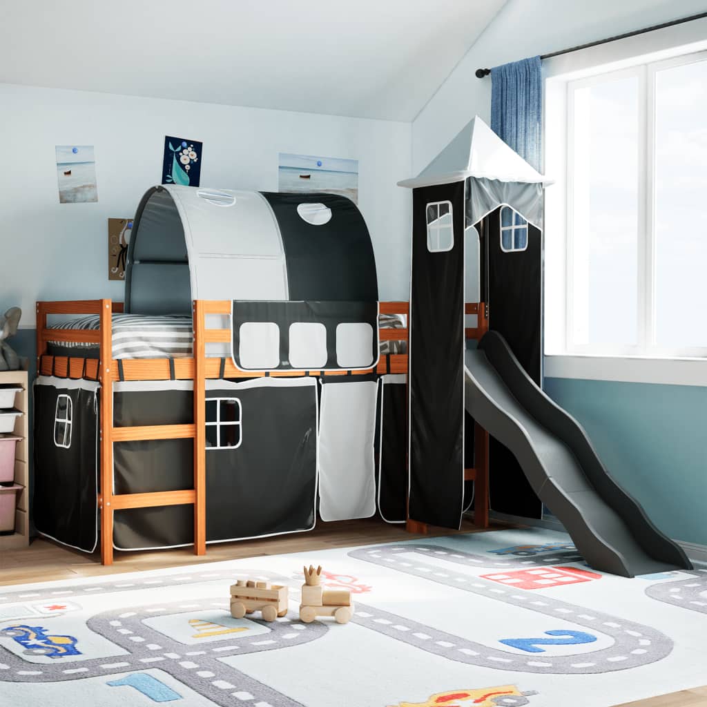 Letto A Soppalco Con Torre Bambini Bianco E Nero 90x190cm Pino