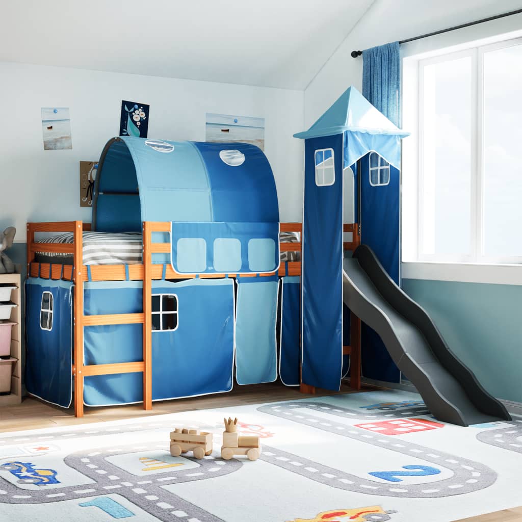 Letto A Soppalco Con Torre Bambini Blu 90x190cm Massello Pino