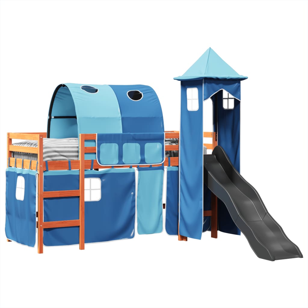 Letto A Soppalco Con Torre Bambini Blu 90x190cm Massello Pino - Image 4
