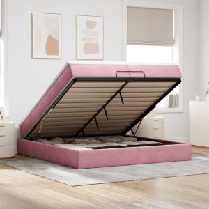 Struttura Letto Pouf Con Materassi Rosa 200x200 Cm Velluto