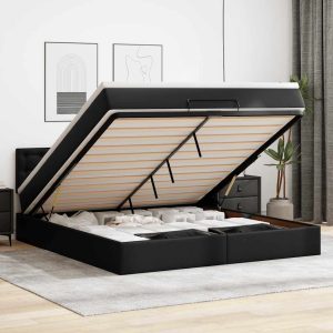 Struttura Letto Pouf Con Materasso Nero 160x200 Cm Similpelle