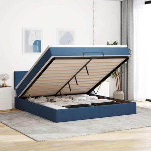 Struttura Letto Pouf Con Materasso Blu 160x200 Cm In Tessuto