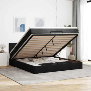Struttura Letto Pouf Con Materasso Nero 160x200 Cm In Tessuto