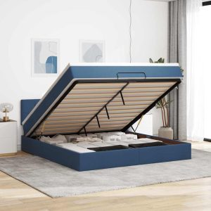 Struttura Letto Pouf Con Materasso Blu 160x200 Cm In Tessuto
