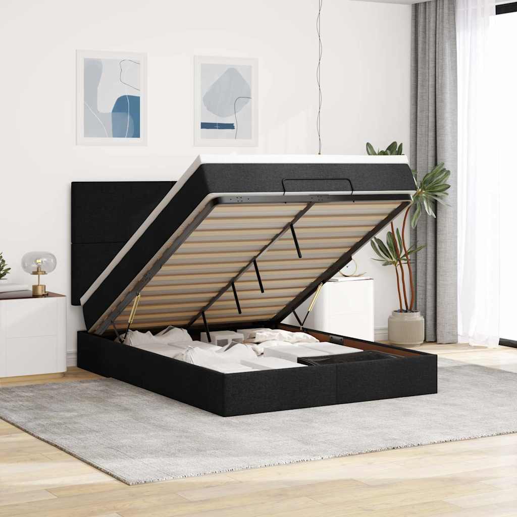 Struttura Letto Pouf Con Materasso Nero 140x190 Cm In Tessuto