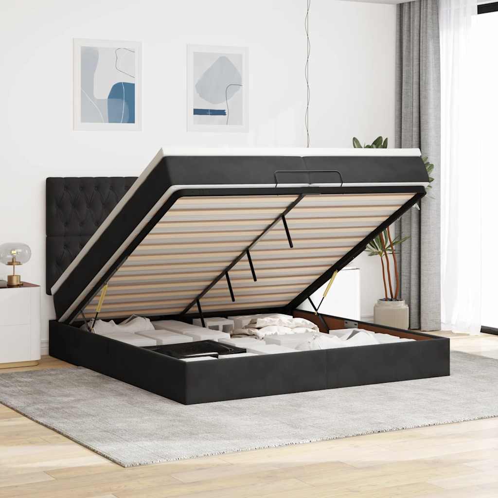 Struttura Letto Pouf Con Materassi Nero 200x200 Cm Velluto