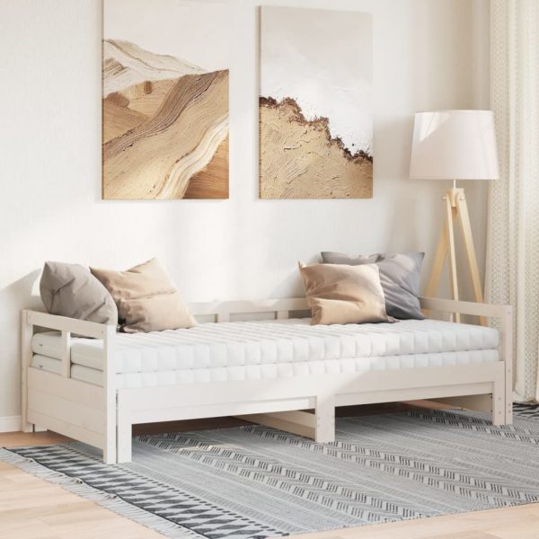 Divano Letto Con Rotelle E Materasso Bianco 80x200 Cm In Pino - Image 3