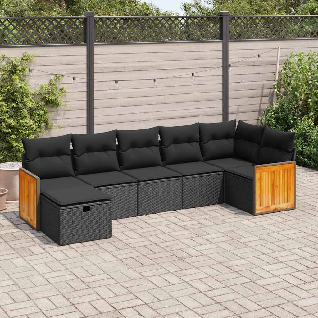 Set Divani Da Giardino Con Cuscini 7pz Nero Polyrattan