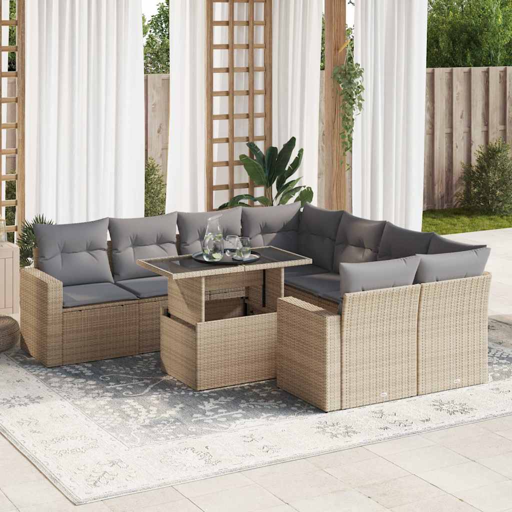 Set Divano Da Giardino 9 Pz Con Cuscini Beige In Polyrattan