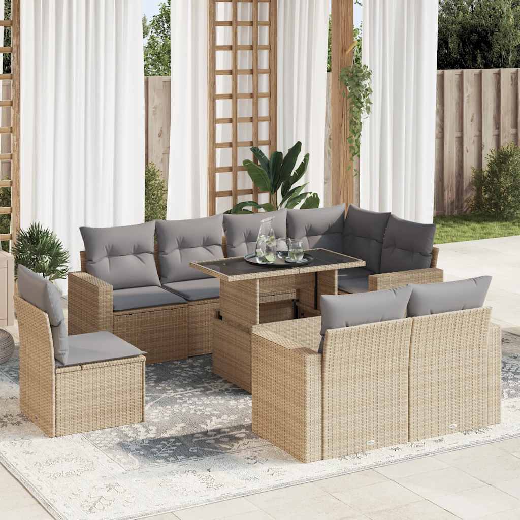 Set Divano Da Giardino 9 Pz Con Cuscini Beige In Polyrattan