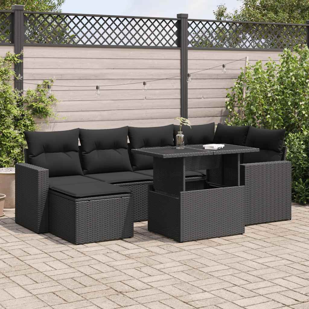Set Divani Da Giardino Con Cuscini 7pz Nero Polyrattan