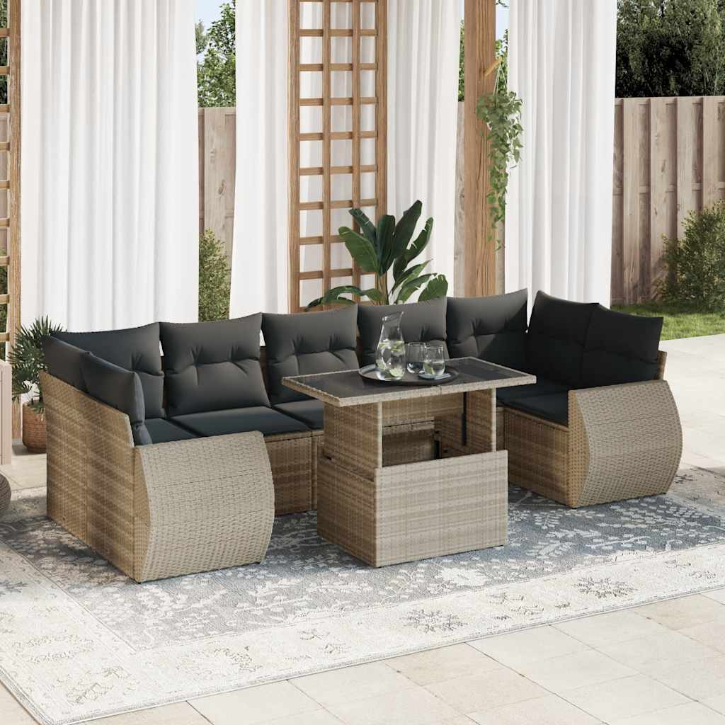 Set Divano Da Giardino 8pz Con Cuscini Grigio Chiaro Polyrattan