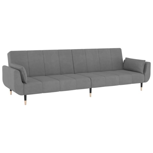 Divano Letto A 2 Posti Con 2 Cuscini Grigio Chiaro In Velluto - Image 4