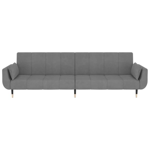 Divano Letto A 2 Posti Con 2 Cuscini Grigio Chiaro In Velluto - Image 5