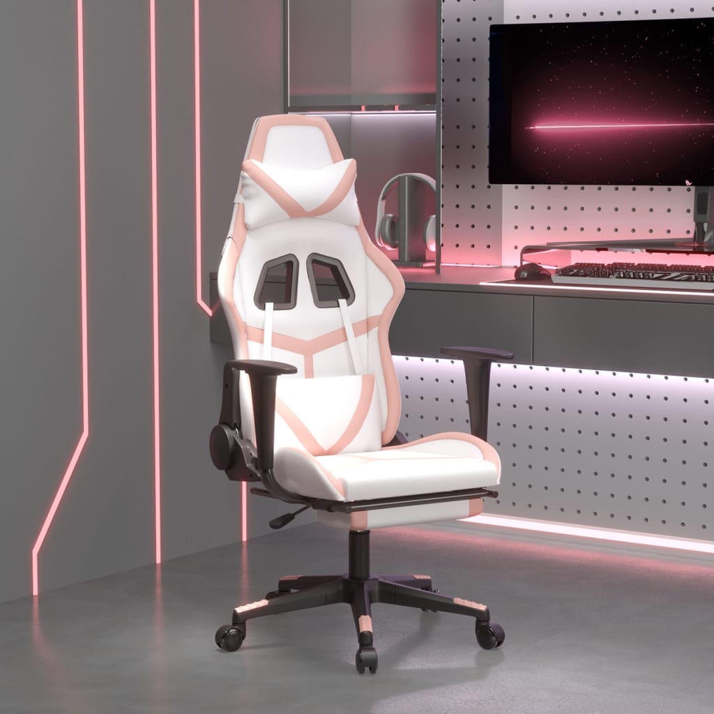Sedia Da Gaming Massaggio Poggiapiedi Bianco E Rosa Similpelle