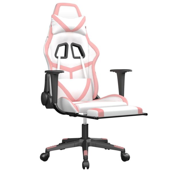 Sedia Da Gaming Massaggio Poggiapiedi Bianco E Rosa Similpelle - Image 3