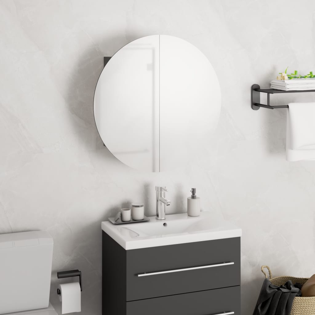 Armadio Da Bagno Con Specchio Rotondo E Led Grigio 40x40x17,5cm