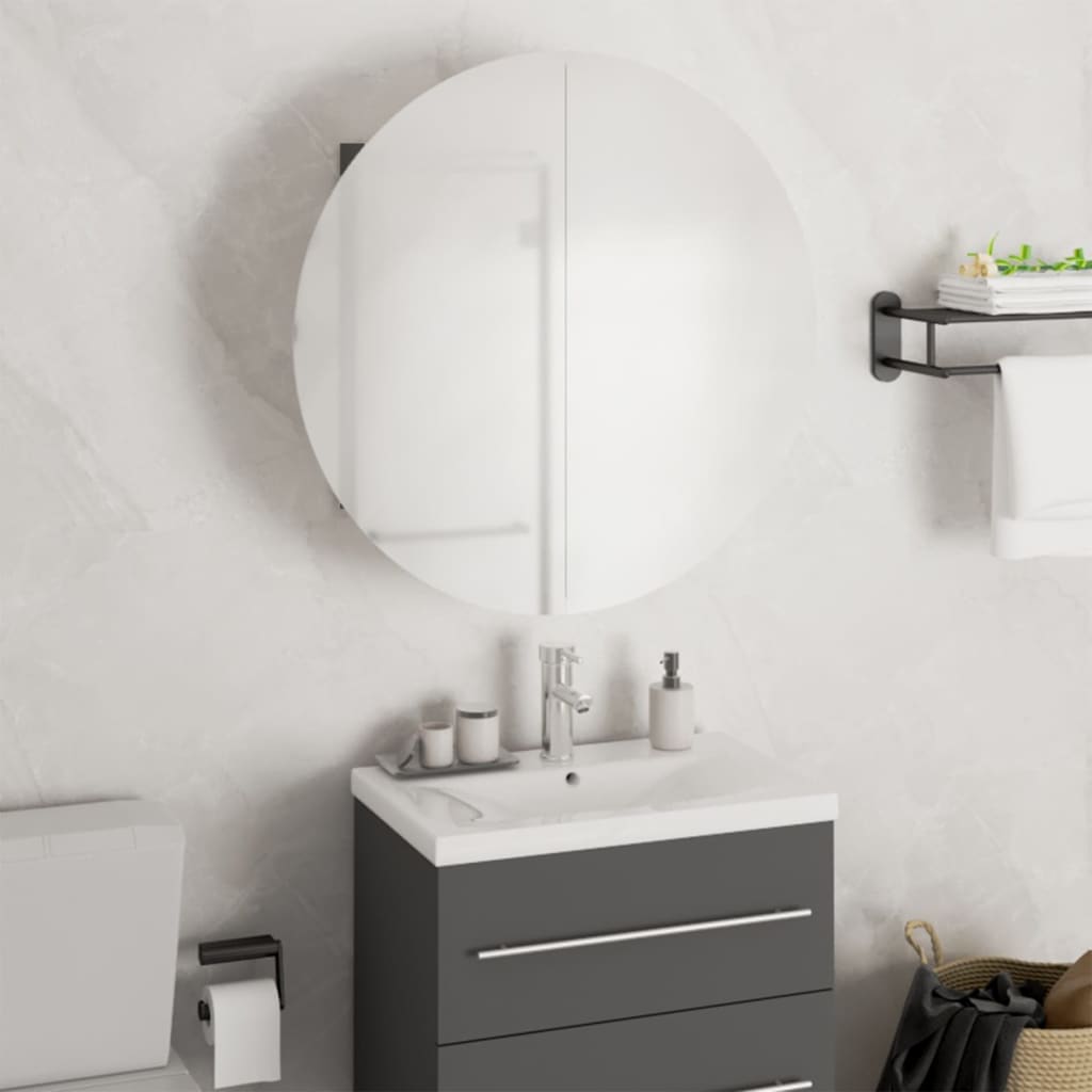 Armadio Da Bagno Con Specchio Rotondo E Led Grigio 47x47x17,5cm