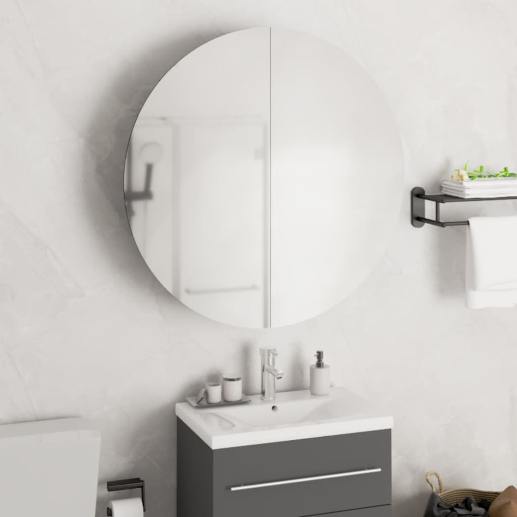 Armadio Da Bagno Con Specchio Rotondo E Led Bianco 54x54x17,5cm