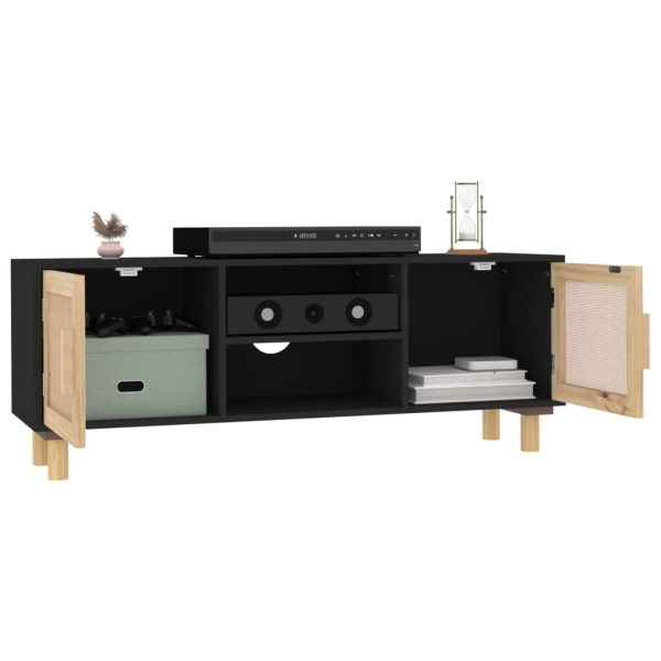 Mobile Tv Nero 105x30x40 Cm Massello Pino E Rattan Naturale - Image 3