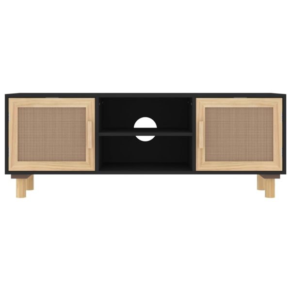 Mobile Tv Nero 105x30x40 Cm Massello Pino E Rattan Naturale - Image 4