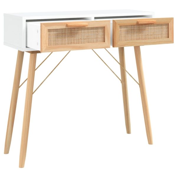 Tavolo Consolle Bianco 80x30x75cm Massello Pino Rattan Naturale - Image 3
