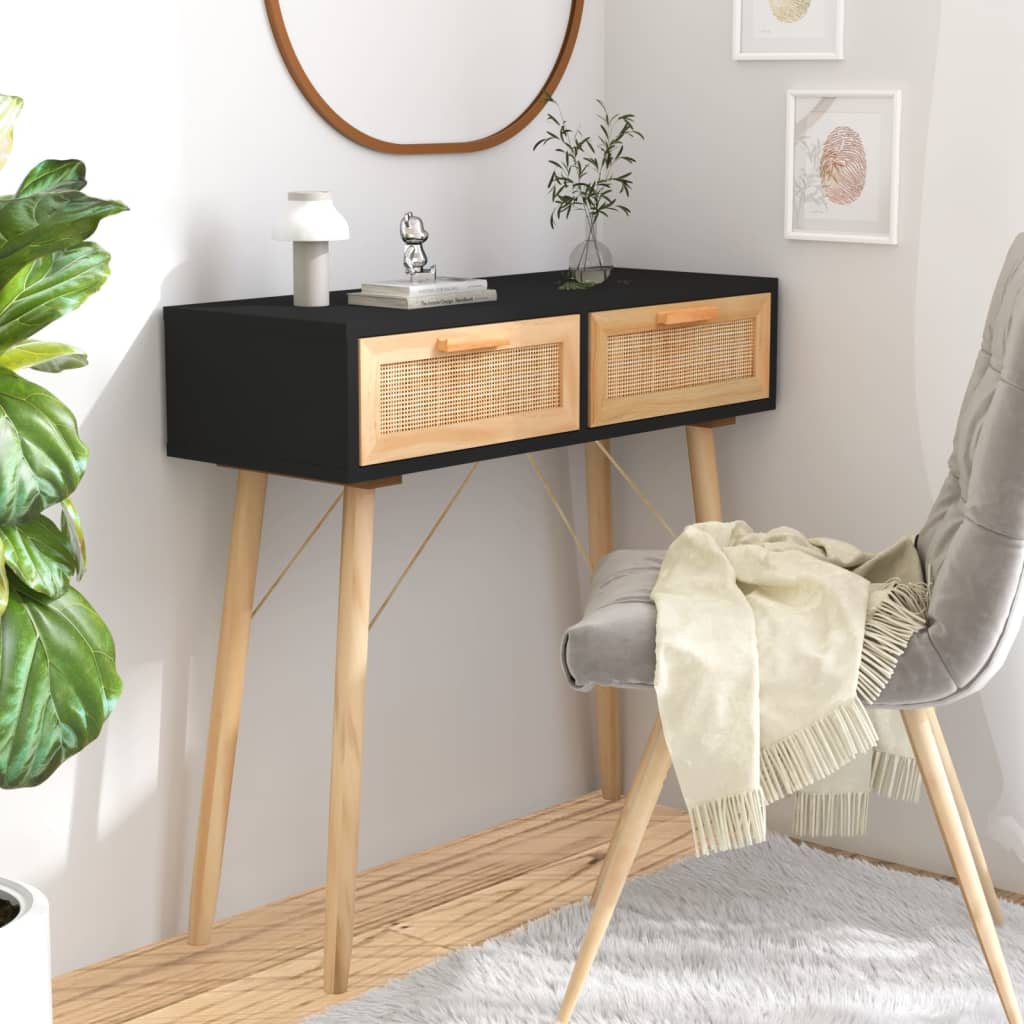 Tavolo Consolle Nero 80x30x75cm Massello Pino E Rattan Naturale