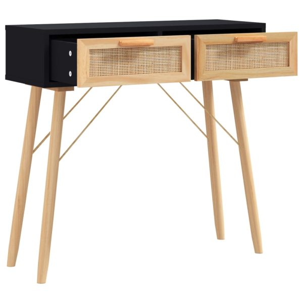 Tavolo Consolle Nero 80x30x75cm Massello Pino E Rattan Naturale - Image 3