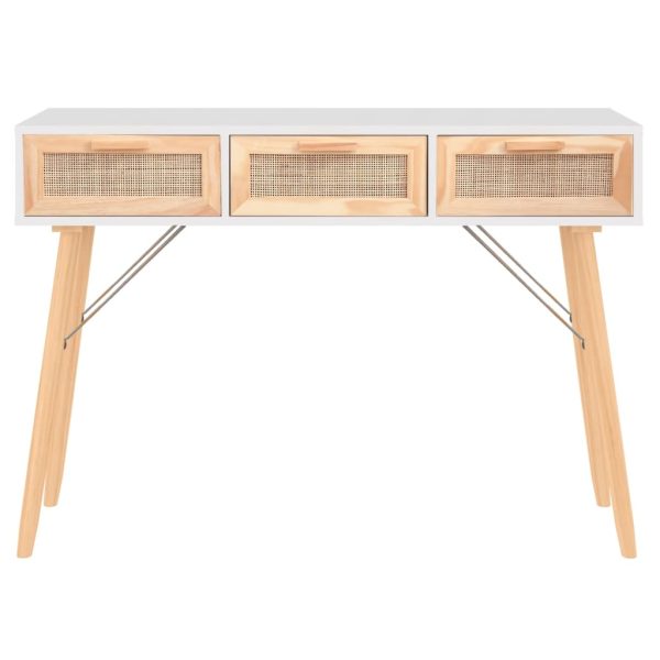 Tavolo Consolle Bianco 105x30x75 Massello Pino Rattan Naturale - Image 3