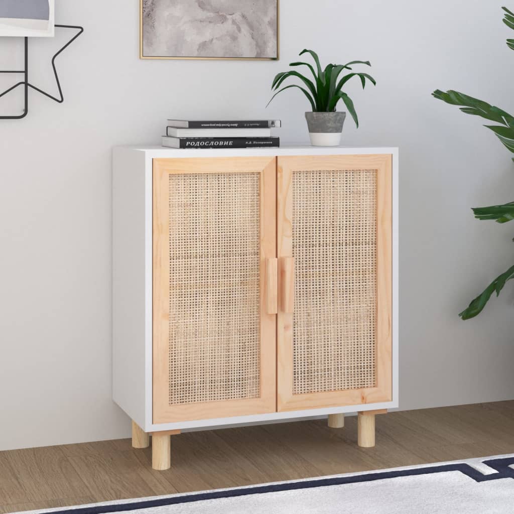 Credenza Bianca 60x30x70 Cm Legno Massello Pino Rattan Naturale