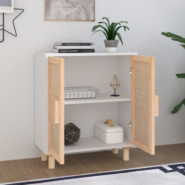 Credenza Bianca 60x30x70 Cm Legno Massello Pino Rattan Naturale - Image 3