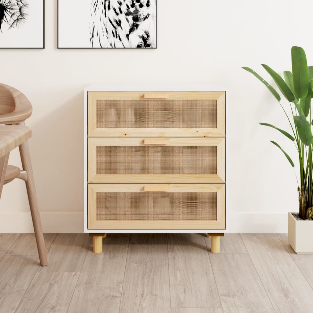 Credenza Bianca 60x30x70 Cm Legno Massello Pino Rattan Naturale