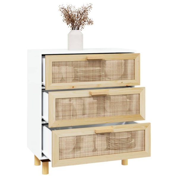 Credenza Bianca 60x30x70 Cm Legno Massello Pino Rattan Naturale - Image 3