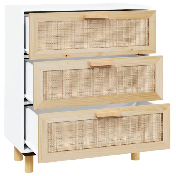 Credenza Bianca 60x30x70 Cm Legno Massello Pino Rattan Naturale - Image 4