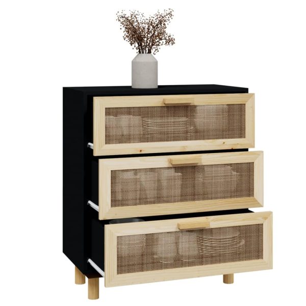 Credenza Nera 60x30x70 Cm Legno Massello Pino E Rattan Naturale - Image 3