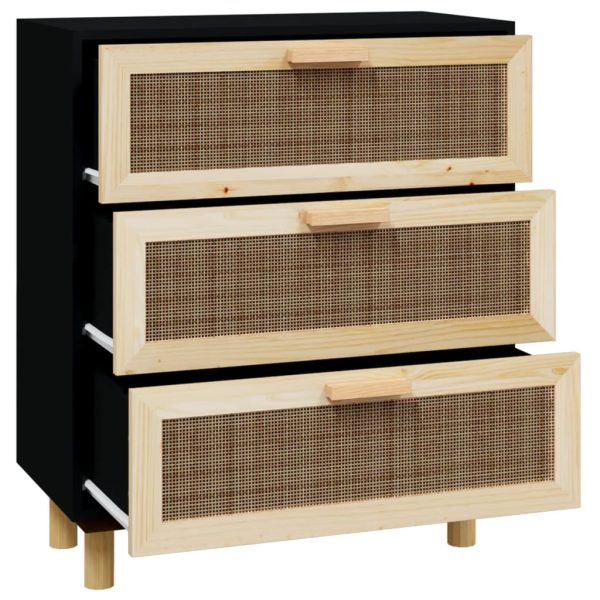Credenza Nera 60x30x70 Cm Legno Massello Pino E Rattan Naturale - Image 4
