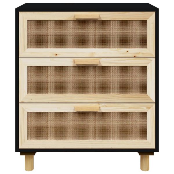 Credenza Nera 60x30x70 Cm Legno Massello Pino E Rattan Naturale - Image 5